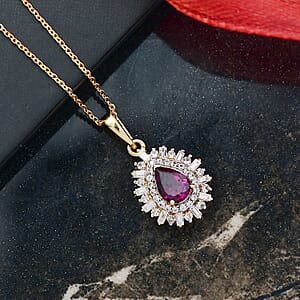 D'Joy AAA Radiant Ember Garnet, White Zircon 1.60 ctw Pendant Necklace in 18K Vermeil Yellow Gold Over Sterling Silver 20 Inches 