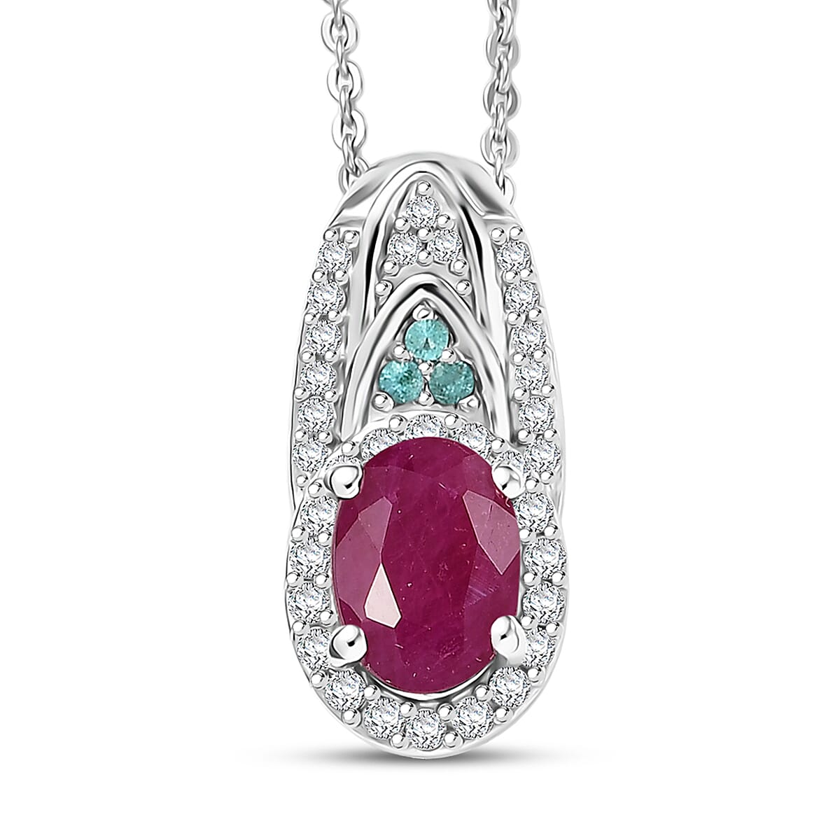 Doorbuster D'Joy Premium Montepuez Ruby, Paraiba Tourmaline and Diamond 1.50 ctw Aquaflame Pendant Necklace in Rhodium Over Sterling Silver 20 Inches image number 0
