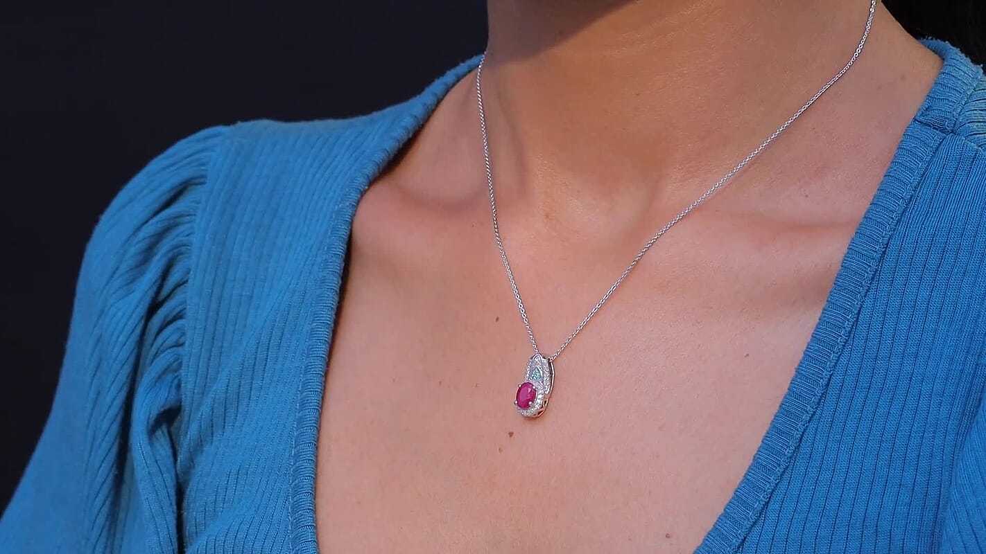 D'Joy Premium Montepuez Ruby, Paraiba Tourmaline and Diamond 1.50 ctw Aquaflame Pendant Necklace in Rhodium Over Sterling Silver 20 Inches