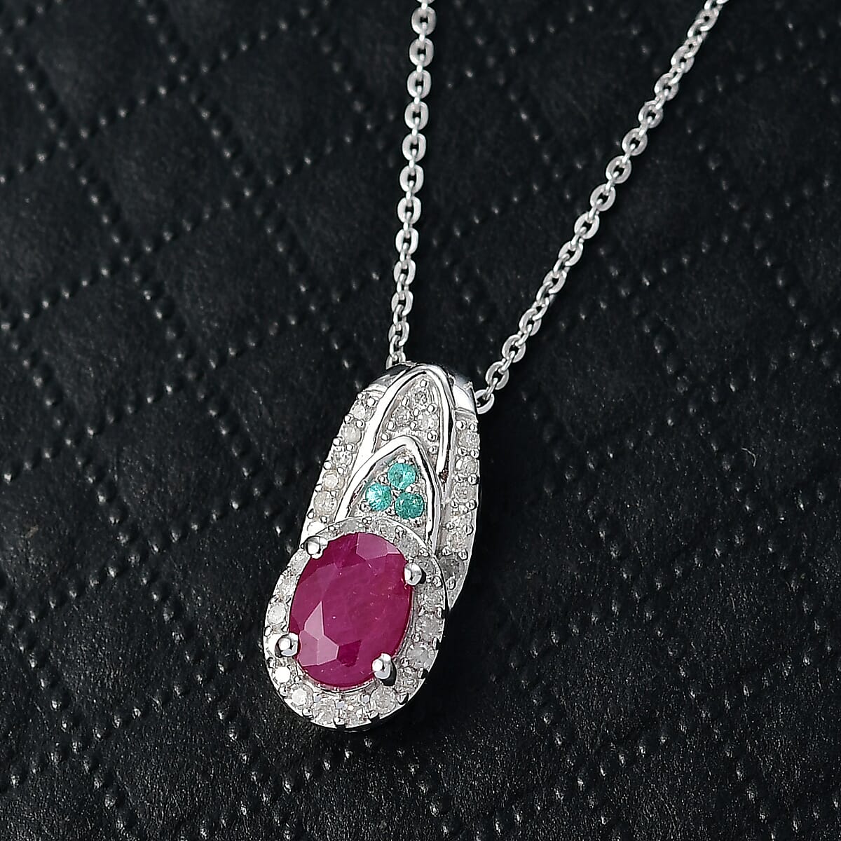 Doorbuster D'Joy Premium Montepuez Ruby, Paraiba Tourmaline and Diamond 1.50 ctw Aquaflame Pendant Necklace in Rhodium Over Sterling Silver 20 Inches image number 1