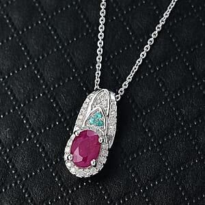 Doorbuster D'Joy Premium Montepuez Ruby, Paraiba Tourmaline and Diamond 1.50 ctw Aquaflame Pendant Necklace in Rhodium Over Sterling Silver 20 Inches