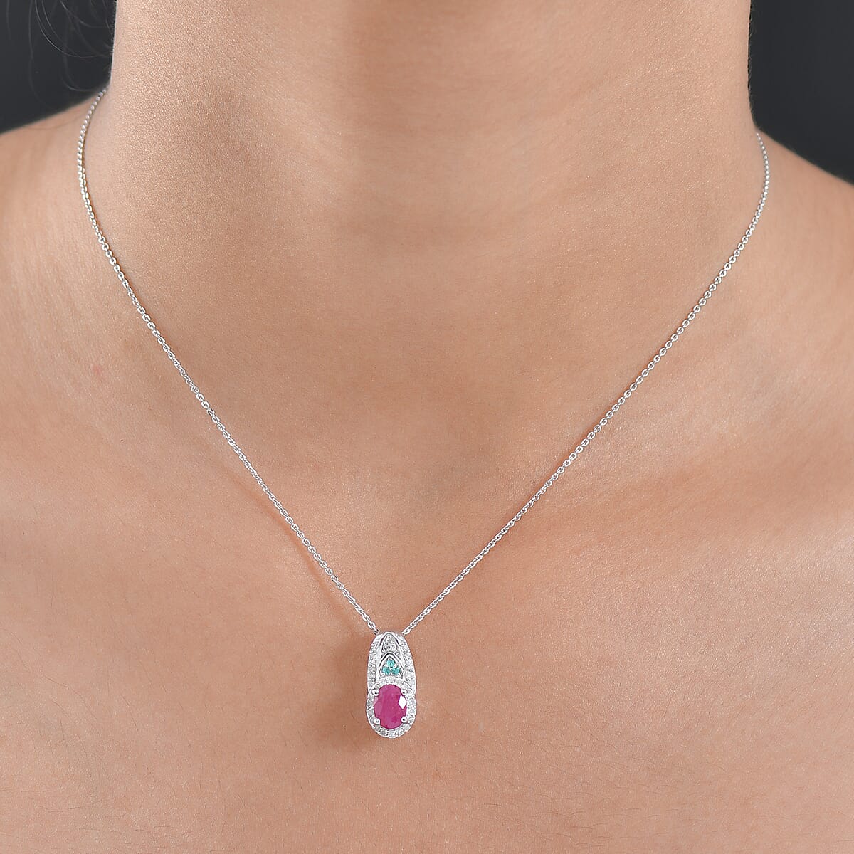 Doorbuster D'Joy Premium Montepuez Ruby, Paraiba Tourmaline and Diamond 1.50 ctw Aquaflame Pendant Necklace in Rhodium Over Sterling Silver 20 Inches image number 2