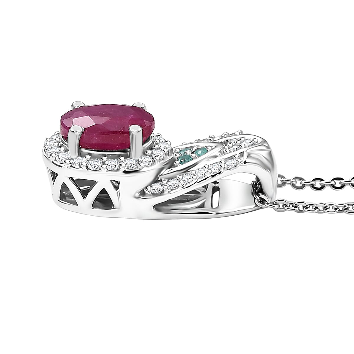 Doorbuster D'Joy Premium Montepuez Ruby, Paraiba Tourmaline and Diamond 1.50 ctw Aquaflame Pendant Necklace in Rhodium Over Sterling Silver 20 Inches image number 3