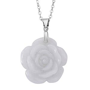 Natural Jade 25.00 ctw Carved Flower Pendant Necklace in Rhodium Over Sterling Silver (20 Inches)