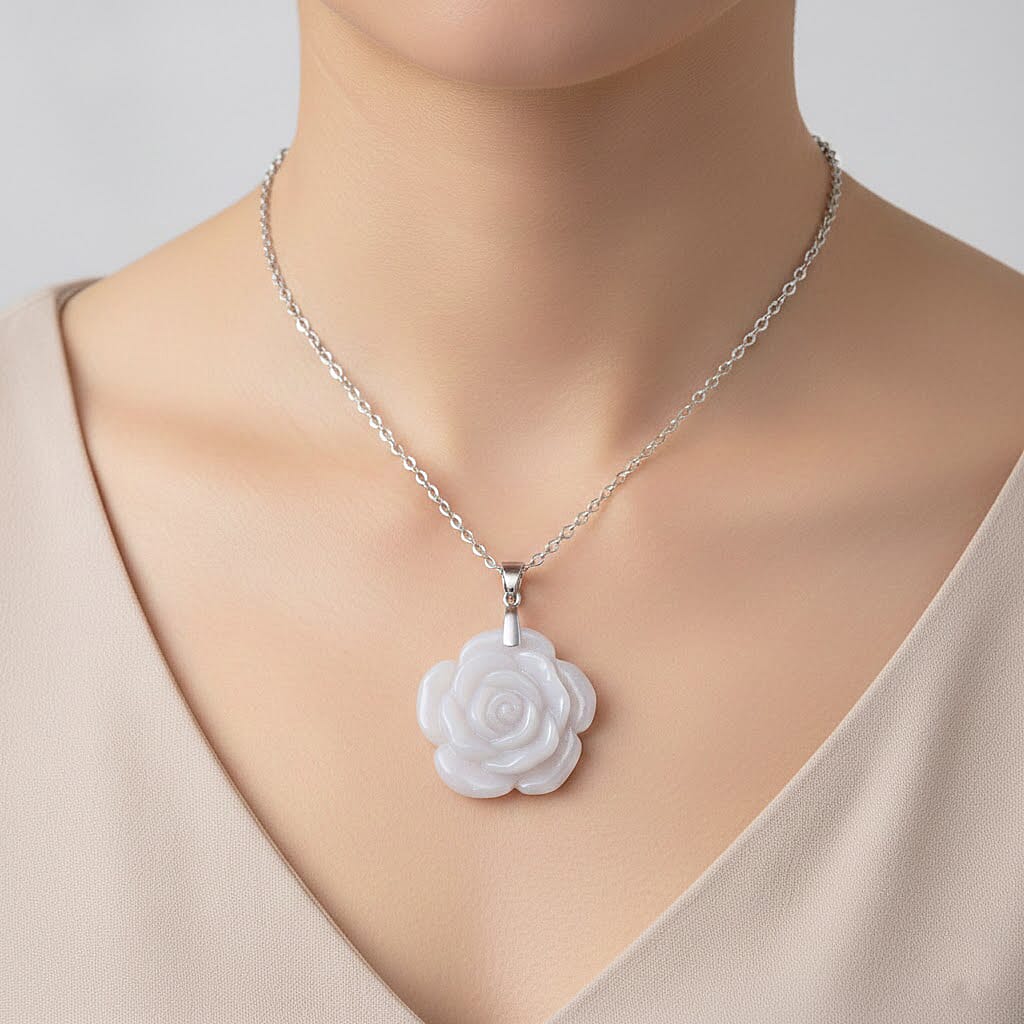 Natural Jade 25.00 ctw Carved Flower Pendant Necklace in Rhodium Over Sterling Silver (20 Inches)