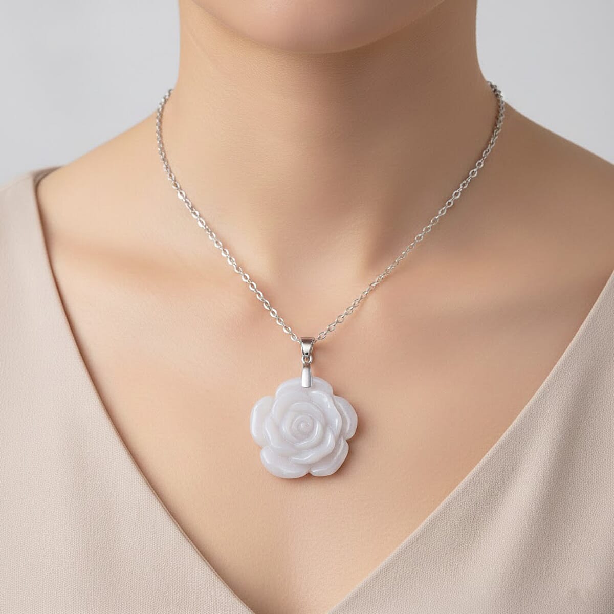 Natural Jade 25.00 ctw Carved Flower Pendant Necklace in Rhodium Over Sterling Silver (20 Inches) image number 2