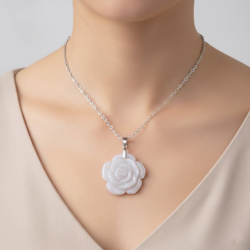 Natural Jade 25.00 ctw Carved Flower Pendant Necklace in Rhodium Over Sterling Silver (20 Inches)