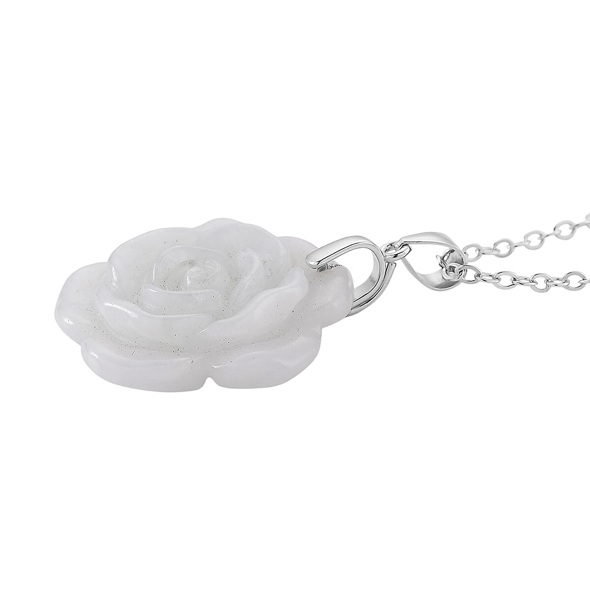 Natural Jade 25.00 ctw Carved Flower Pendant Necklace in Rhodium Over Sterling Silver (20 Inches)