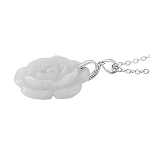 Natural Jade 25.00 ctw Carved Flower Pendant Necklace in Rhodium Over Sterling Silver (20 Inches)