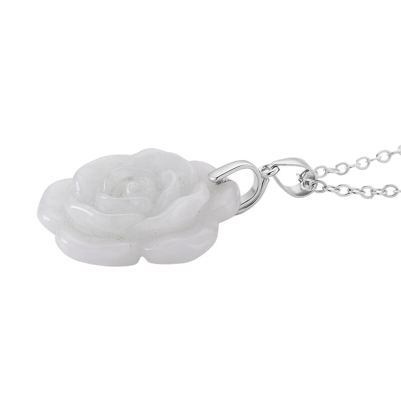 Natural Jade 25.00 ctw Carved Flower Pendant Necklace in Rhodium Over Sterling Silver (20 Inches)