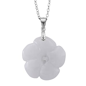 Natural Jade 25.00 ctw Carved Flower Pendant Necklace in Rhodium Over Sterling Silver (20 Inches)