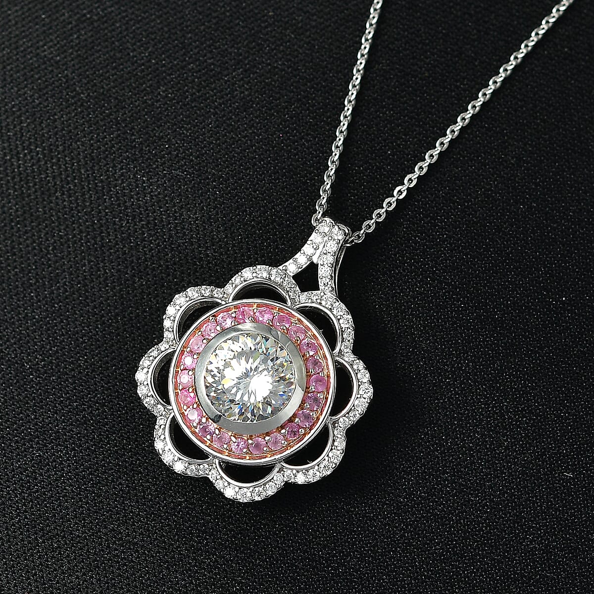 D'Joy 129 Facet Strontium Titanate and Multi Gemstone 3.90 ctw Elegant Floral Pendant Necklace 20 Inches in Rhodium Over Sterling Silver image number 1