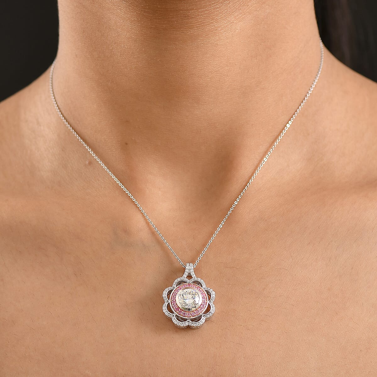 D'Joy 129 Facet Strontium Titanate and Multi Gemstone 3.90 ctw Elegant Floral Pendant Necklace 20 Inches in Rhodium Over Sterling Silver image number 2