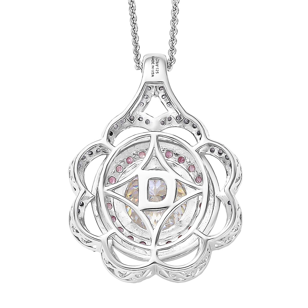 D'Joy 129 Facet Strontium Titanate and Multi Gemstone 3.90 ctw Elegant Floral Pendant Necklace 20 Inches in Rhodium Over Sterling Silver image number 4