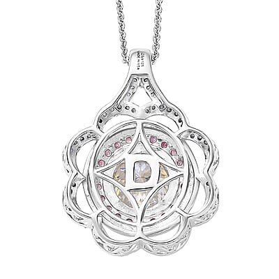 D'Joy 129 Facet Strontium Titanate and Multi Gemstone 3.90 ctw Elegant Floral Pendant Necklace 20 Inches in Rhodium Over Sterling Silver