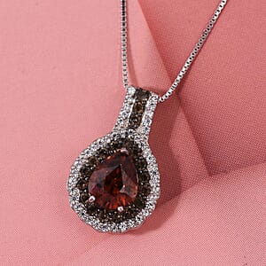 D'Joy Premium Red Zircon, Chocolate Zircon and White Zircon 3.00 ctw Flame Crest Pendant Necklace in Rhodium Over Sterling Silver 20 Inches (Del. in 7-10 Days)