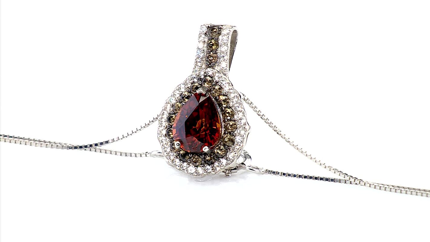 D'Joy Premium Red Zircon, Chocolate Zircon and White Zircon 3.00 ctw Flame Crest Pendant Necklace in Rhodium Over Sterling Silver 20 Inches
