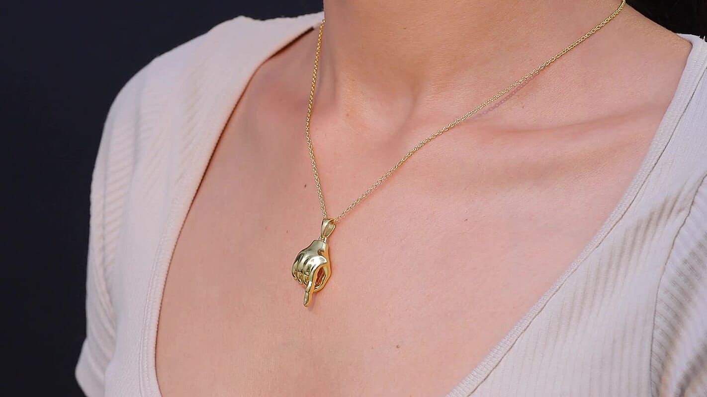 EverTrue Bronzella Collection Symbolic Pointing Hand Pendant in 18K YG Plated Bronze with ION Plated YG Stainless Steel Necklace (20 Inches)