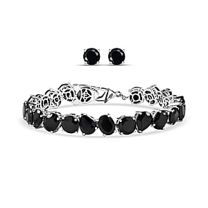 Doorbuster EverTrue 2 Piece Set Thai Black Spinel 48.50 ctw Panther Bracelet (7.25In) and Stud Earrings Platinum Bond