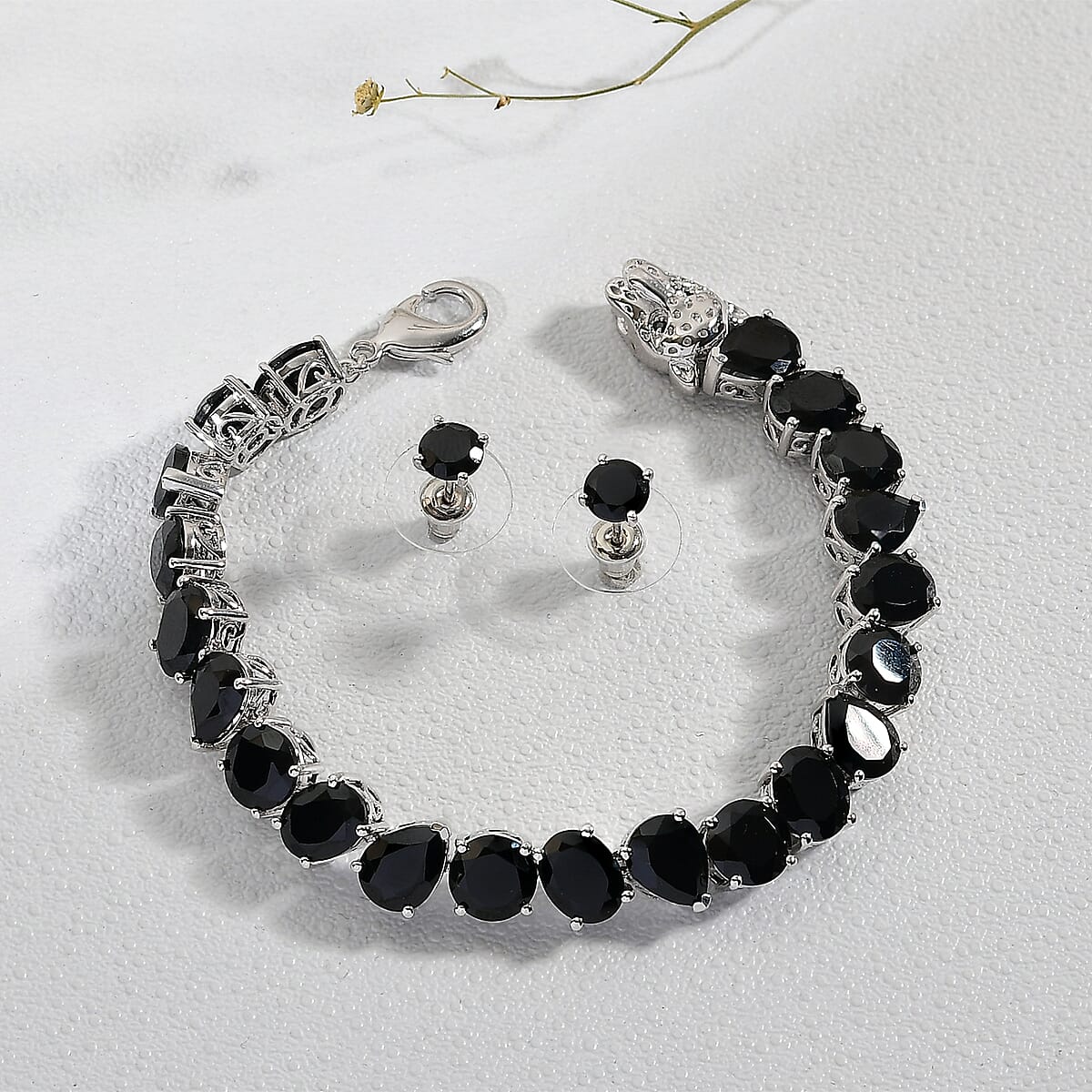 Doorbuster EverTrue 2 Piece Set Thai Black Spinel 48.50 ctw Panther Bracelet (7.25In) and Stud Earrings Platinum Bond image number 1
