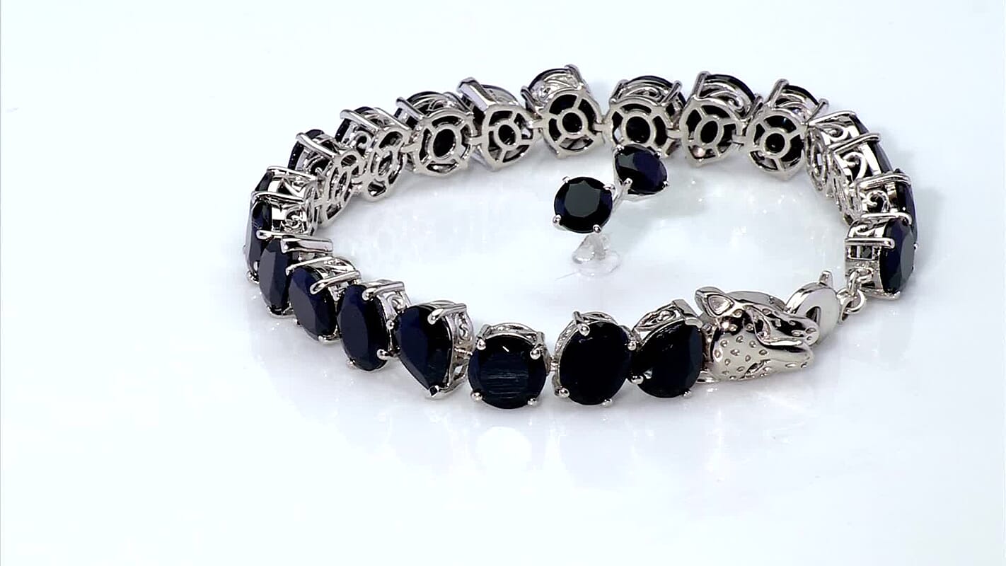 EverTrue 2 Piece Set Thai Black Spinel 48.50 ctw Panther Bracelet (7.25In) and Stud Earrings Platinum Bond