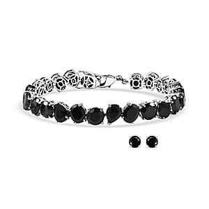 EverTrue 2 Piece Set Thai Black Spinel 59.50 ctw Panther Bracelet (8.0In) and Stud Earrings in Platinum Bond
