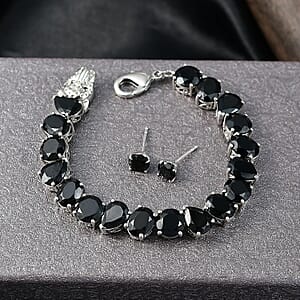 EverTrue 2 Piece Set Thai Black Spinel 59.50 ctw Panther Bracelet (8.0In) and Stud Earrings in Platinum Bond