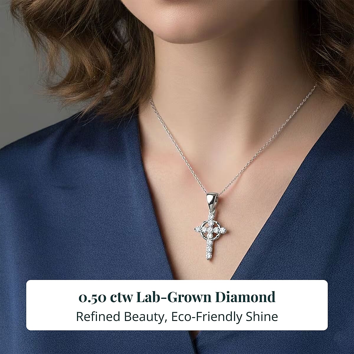 Doorbuster Luxuriant Lab Grown Diamond G-H SI 0.50 ctw Divine Cross Crown Pendant Necklace in Rhodium Over Sterling Silver 20 Inches image number 1
