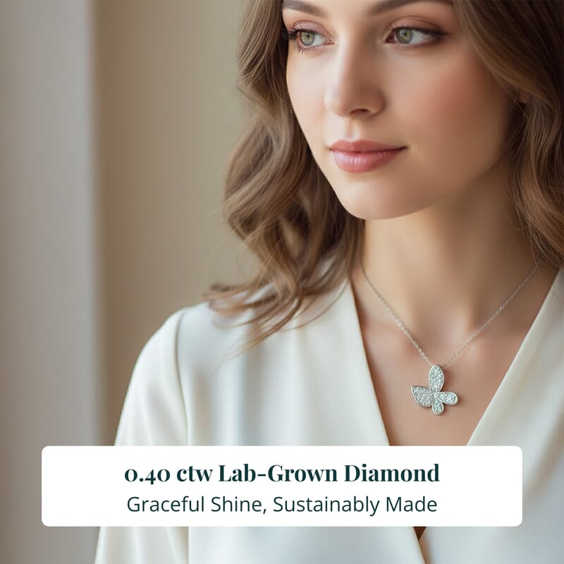 Luxuriant Lab Grown Diamond G-H SI 0.40 ctw Butterfly Pendant Necklace in Rhodium Over Sterling Silver 20 Inches