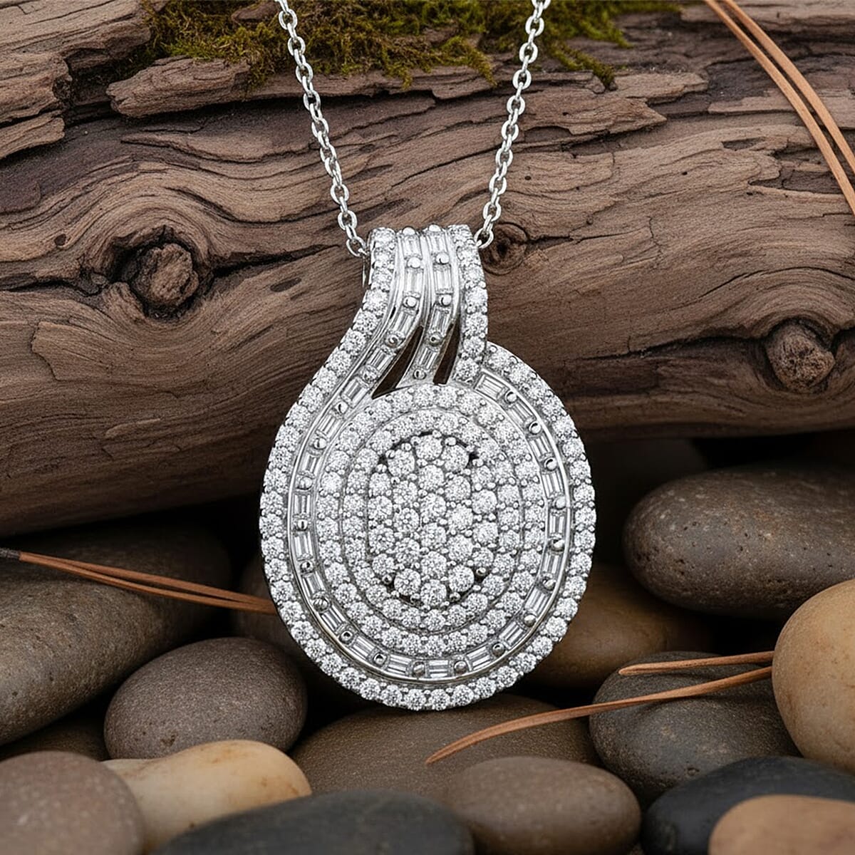 Doorbuster D'Joy Diamond 1.00 ctw Radiant Halo Pendant Necklace in Rhodium Over Sterling Silver 20 Inches image number 1