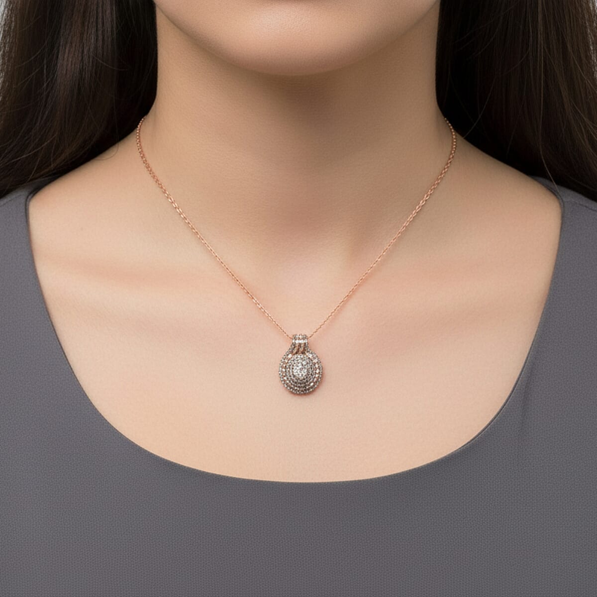 Doorbuster D'Joy Natural Champagne Diamond 1.00 ctw Cocktail Pendant Necklace in 18K Vermeil Rose Gold Over Sterling Silver 20 Inches image number 2