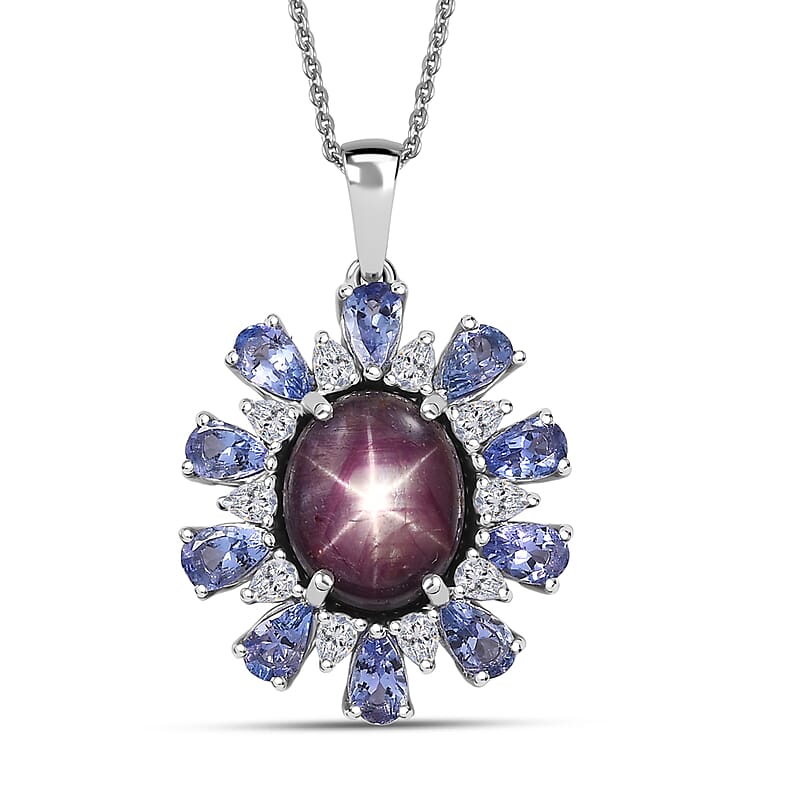D'Joy Premium Indian Star Ruby and Multi Gemstone 9.50 ctw Celestial Starburst Pendant Necklace in Rhodium Over Sterling Silver 20 Inches