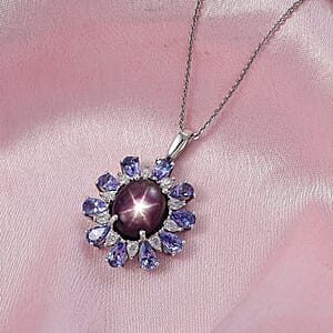 D'Joy Premium Indian Star Ruby and Multi Gemstone 9.50 ctw Celestial Starburst Pendant Necklace in Rhodium Over Sterling Silver 20 Inches