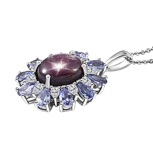 D'Joy Premium Indian Star Ruby and Multi Gemstone 9.50 ctw Celestial Starburst Pendant Necklace in Rhodium Over Sterling Silver 20 Inches