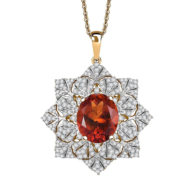 D'Joy Premium Red Citrine and White Zircon 5.30 ctw Royal Fire Blossom Pendant Necklace in 18K Vermeil Yellow Gold Over Sterling Silver 20 Inches