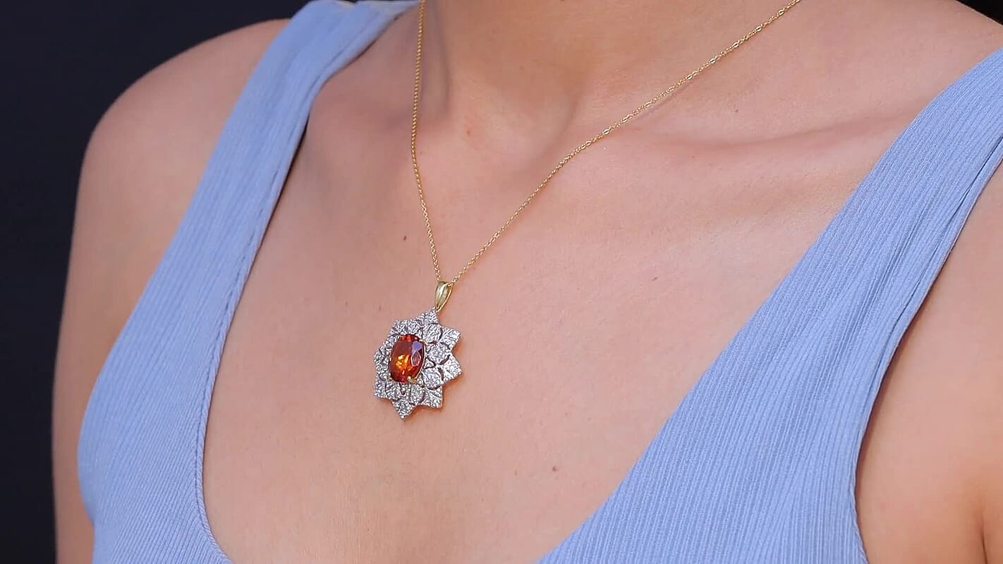 D'Joy Premium Red Citrine and White Zircon 5.30 ctw Royal Fire Blossom Pendant Necklace in 18K Vermeil Yellow Gold Over Sterling Silver 20 Inches