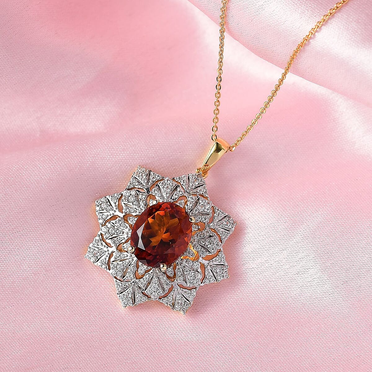 D'Joy Premium Red Citrine and White Zircon 5.30 ctw Royal Fire Blossom Pendant Necklace in 18K Vermeil Yellow Gold Over Sterling Silver 20 Inches image number 1