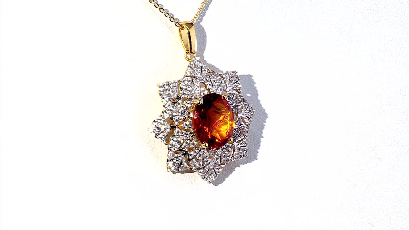 D'Joy Premium Red Citrine and White Zircon 5.30 ctw Royal Fire Blossom Pendant Necklace in 18K Vermeil Yellow Gold Over Sterling Silver 20 Inches