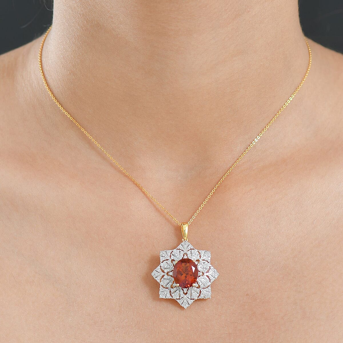 D'Joy Premium Red Citrine and White Zircon 5.30 ctw Royal Fire Blossom Pendant Necklace in 18K Vermeil Yellow Gold Over Sterling Silver 20 Inches image number 2
