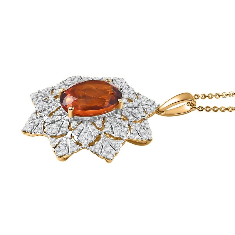 D'Joy Premium Red Citrine and White Zircon 5.30 ctw Royal Fire Blossom Pendant Necklace in 18K Vermeil Yellow Gold Over Sterling Silver 20 Inches