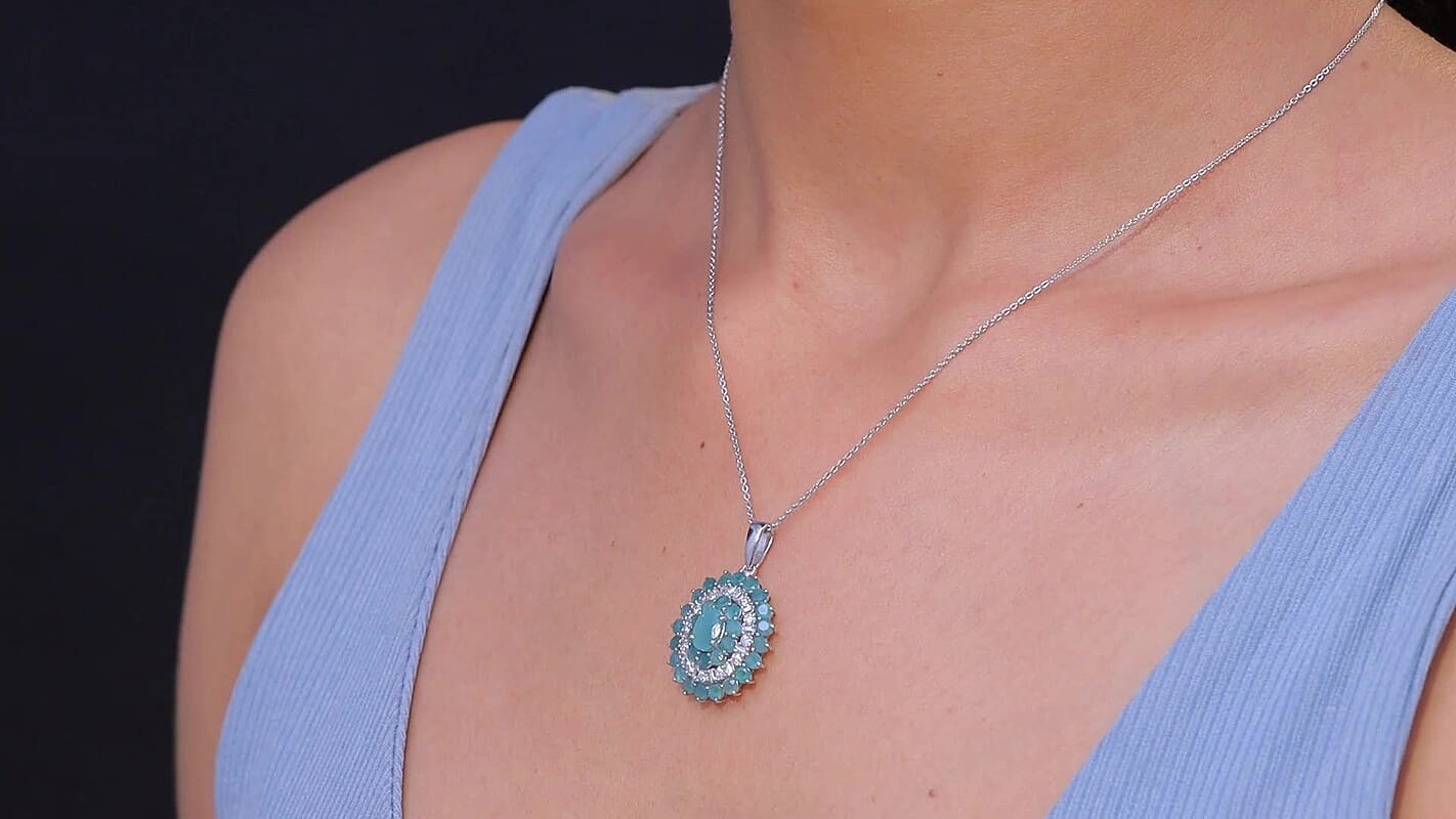 D'Joy Premium Grandidierite and Moissanite 3.90 ctw Celestial Bloom Pendant Necklace in Rhodium Over Sterling Silver 20 Inches