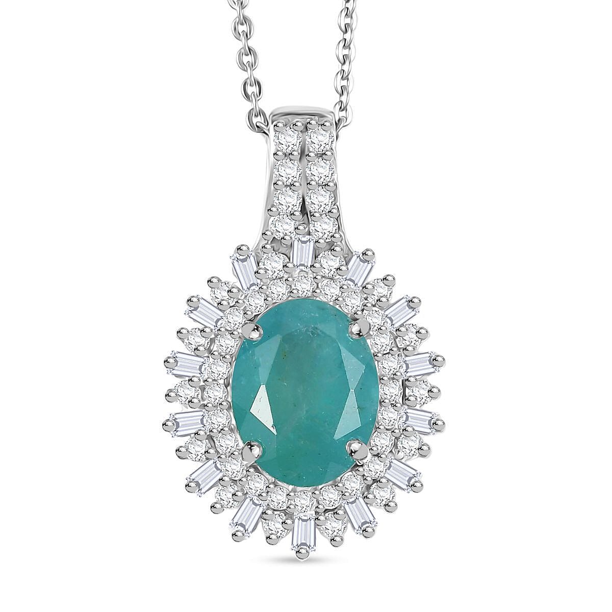 Doorbuster D'Joy Premium Grandidierite and Moissanite 2.40 ctw Sunburst Halo Pendant Necklace in Rhodium Over Sterling Silver 20 Inches image number 0