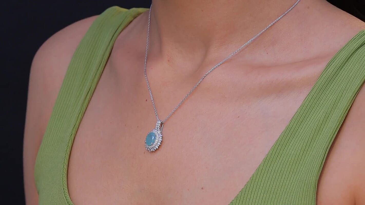 D'Joy Premium Grandidierite and Moissanite 2.40 ctw Sunburst Halo Pendant Necklace in Rhodium Over Sterling Silver 20 Inches