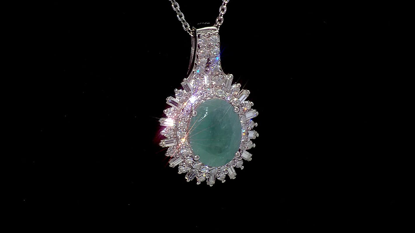D'Joy Premium Grandidierite and Moissanite 2.40 ctw Sunburst Halo Pendant Necklace in Rhodium Over Sterling Silver 20 Inches