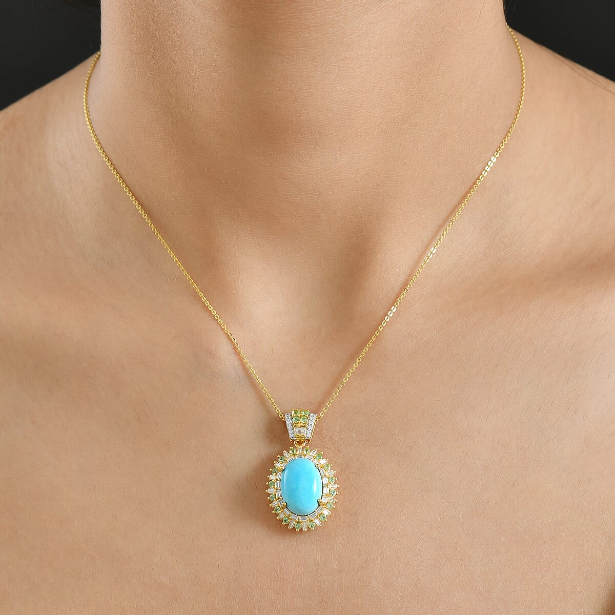 D'Joy Sleeping Beauty Turquoise and Multi Gemstone 6.50 ctw Pendant Necklace in 18K Vermeil Yellow Gold Over Sterling Silver 20 Inches image number 2