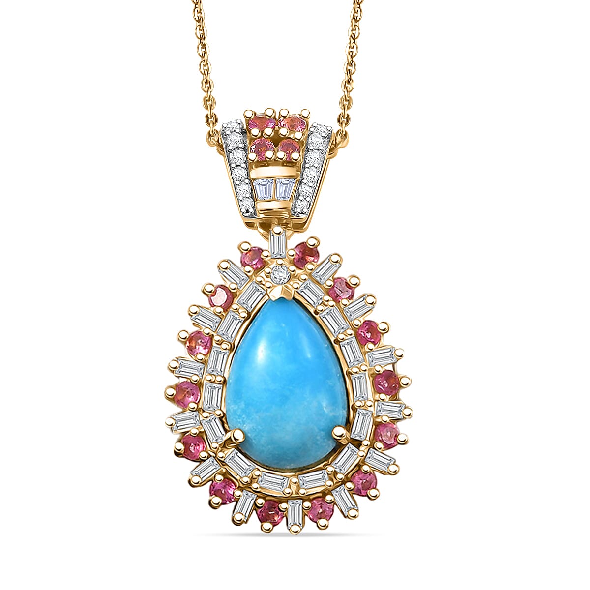 D'Joy Sleeping Beauty Turquoise, Multi Gemstone Pendant Necklace in 18K Vermeil YG Over Sterling Silver 5.00 ctw (20 Inches)