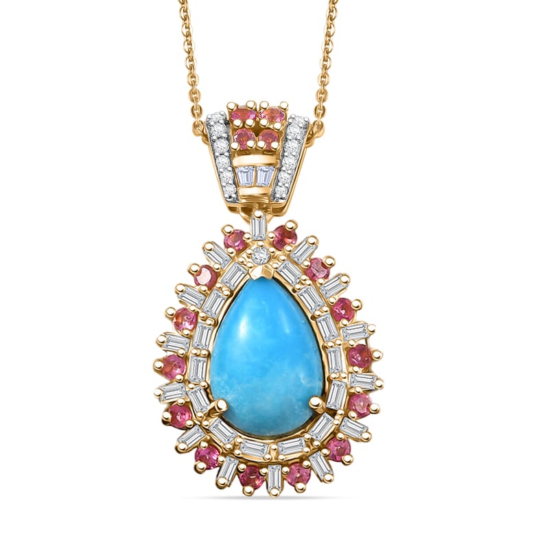 D'Joy Sleeping Beauty Turquoise and Multi Gemstone 5.00 ctw  Pendant Necklace in 18K Vermeil Yellow Gold Over Sterling Silver 20 Inches