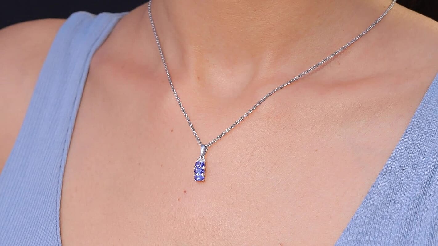 D'Joy Premium Tanzanite, Diamond Trinity Ballerina Pendant in Rhodium Over Sterling Silver with Stainless Steel Necklace (20 Inches) 0.70 ctw