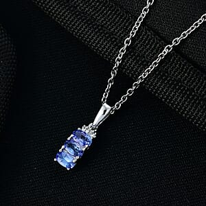 D'Joy Tanzanite, Diamond Trinity Pendant in Rhodium Over Sterling Silver with Stainless Steel Necklace 0.70 ctw  (20 Inches)