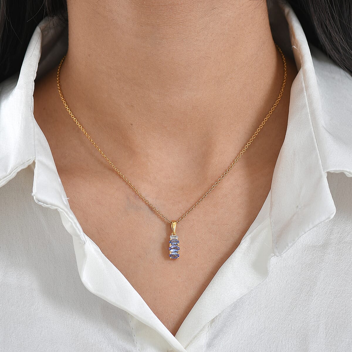 Doorbuster D'Joy Premium Tanzanite and Diamond 0.75 ctw Trinity Ballerina Pendant Necklace in 18K Vermeil Yellow Gold Over Sterling Silver 20 Inches (Del. in 10-12 Days) image number 2